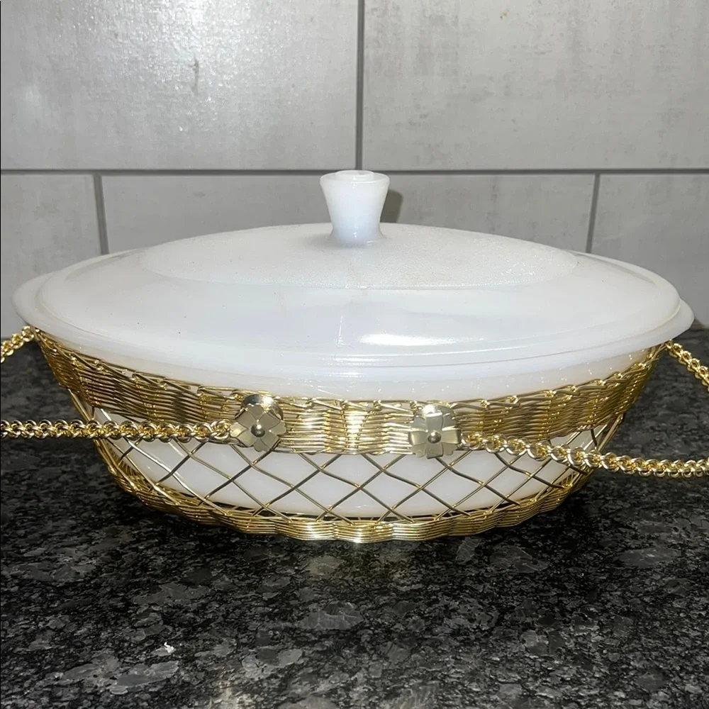 Vintage milk glass covered casserole dish by Glass Bake. Tag still inside